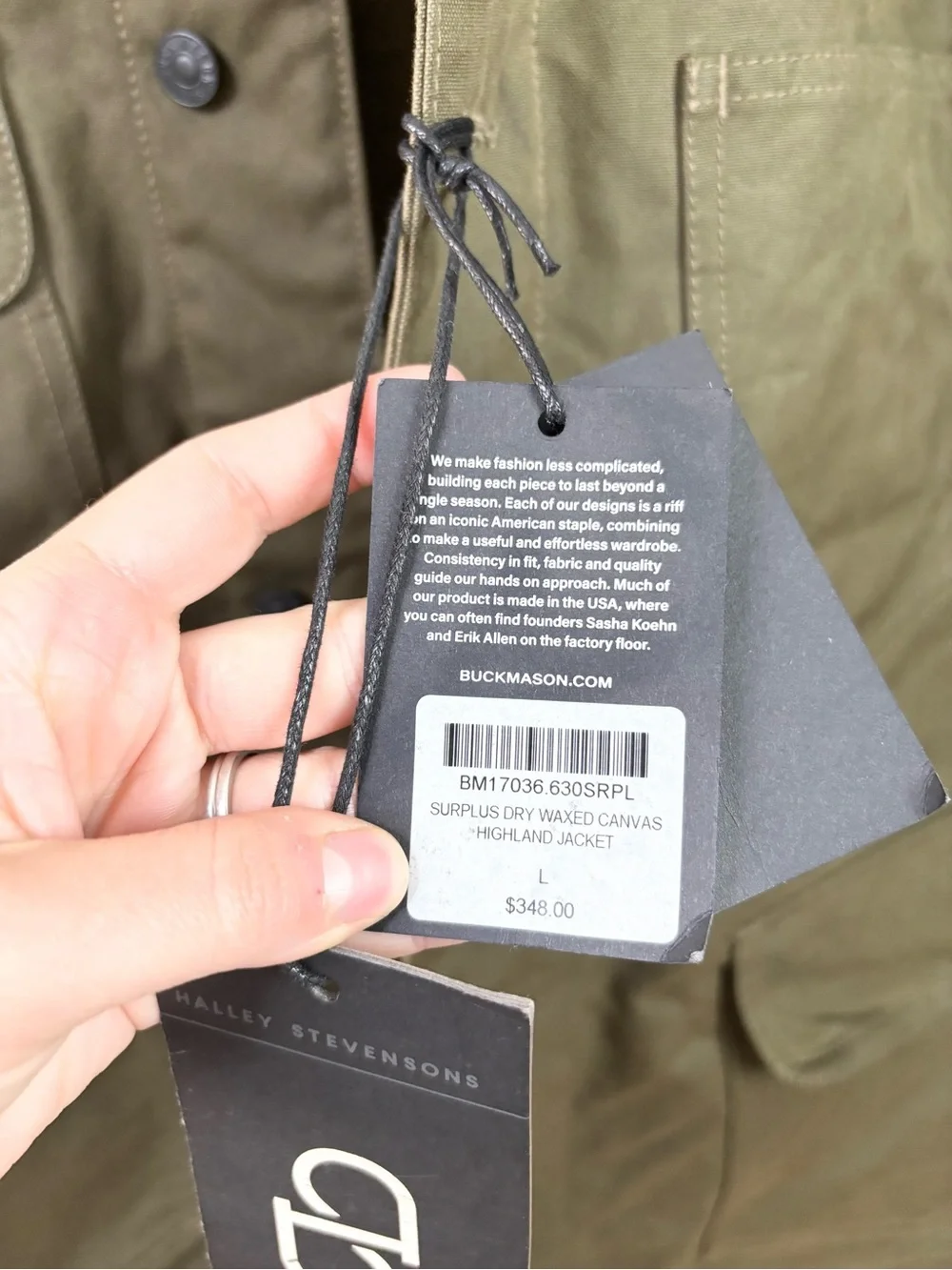 Buck Mason surplus green dry waxed canvas highland jacket size L men’s flaw